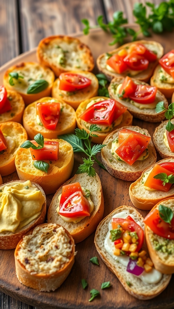 Simple Bread Appetizers for a Party A colorful assortment of bread appetizers including bruschetta, pesto spread, and mini sandwiches on a wooden platter.